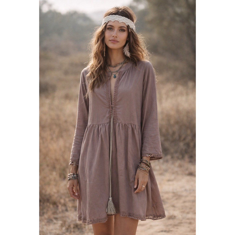 Ursime Boho Tunic Dress Mauve Taupe Crochet Trim Tassel Tie Peasant Style Medium